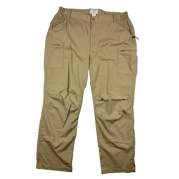 LL Bean XL Hiking Mens Pants Khaki Nylon Blend Elastic Waist Zip Pockets Nylon - Picture 1 of 7